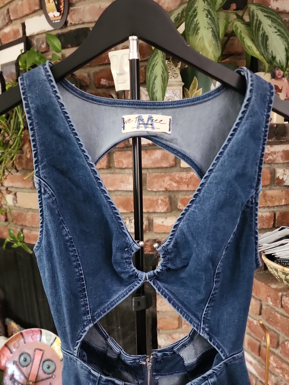 NWT We The Free Denim Cutout Jumpsuit Medium Open Back Blue Jean One Piece Wide - Picture 3 of 9